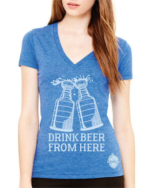 Double Lightning & Craft Beer Women's V-Neck- Drink Beer From Here Hockey Shirt